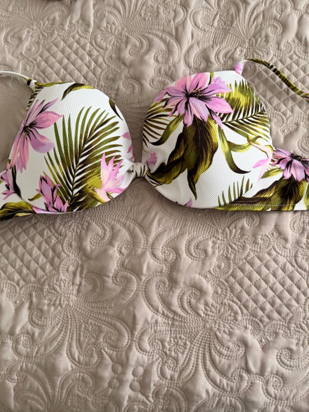 Shade & Shore White Bikini Top with Pink Floral & Green Leaf Print